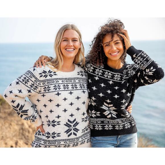 Barefoot Dreams CozyChic Seaside Crewneck Pullover Sweater Black Fair Isle Sz 3X - Picture 3 of 16